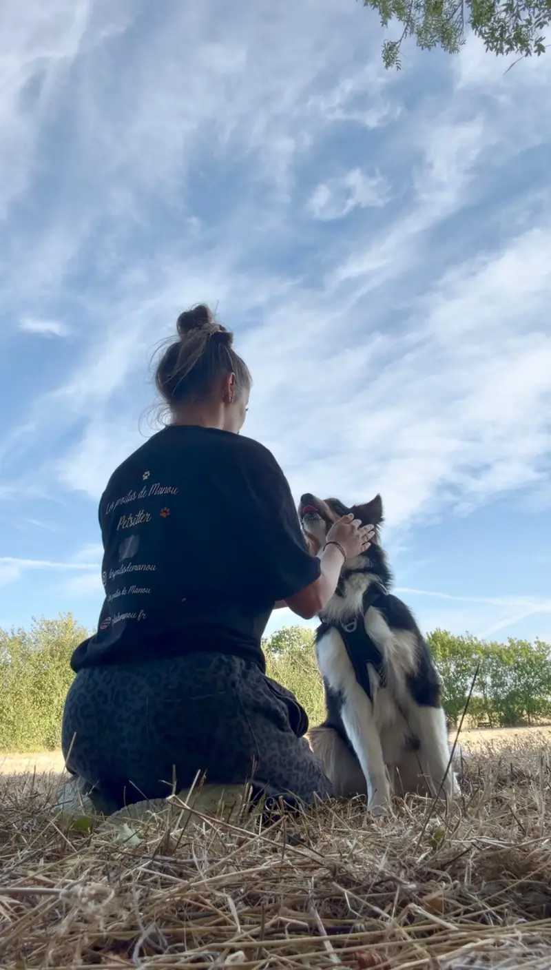 Manon, pet sitter des Poilus de Manou, assise dans un champ avec un border collie